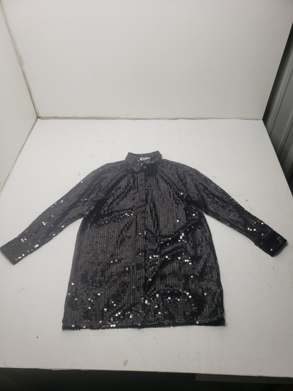 Porter Collective Size S Black Sequin Long Sleeve Button Up Shirt See Through